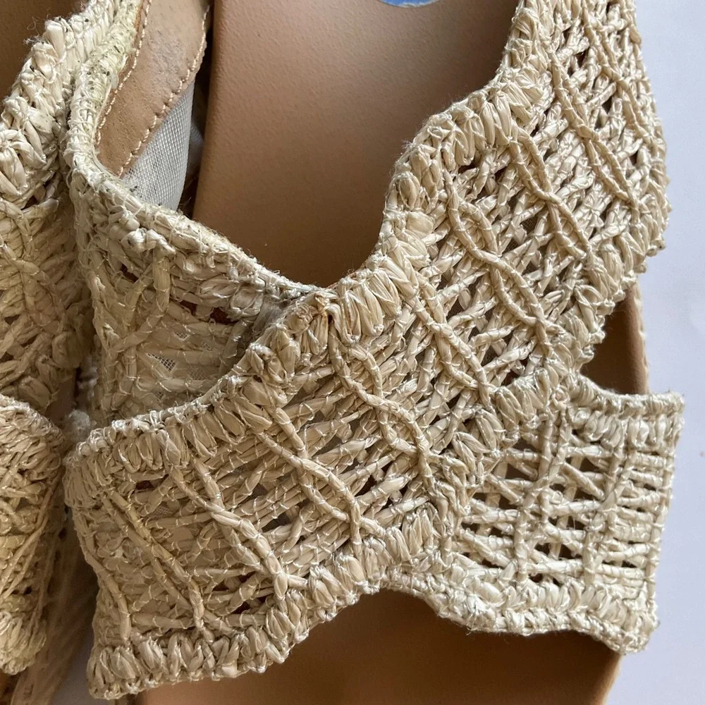 DV Dolce Vita Sugar 7.5 Crochet Woven Platform Sandals Tan Crisscross Slide Boho